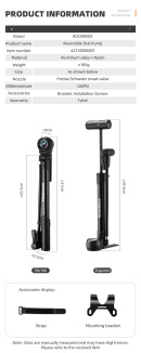 Насос ROCKBROS компактный, алюминий, Т-ручка, со шлангом, с манометром, до 120 PSI; черный