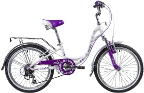 Велосипед NOVATRACK 20" BUTTERFLY сталь,белый-фиолет.,6-скор,TY21/RS35,V-brake,багажник#153802
