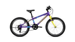 Велосипед FORWARD RISE 20 2.0 фиолетовый\желтый 10.5"