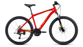 Велосипед FORWARD KATANA 27,5 D (27,5" 24 ск. рост. 18") 2023, ярко-красный/желтый