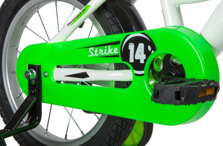 Велосипед NOVATRACK 14" STRIKE белый-зелёный, тормоз нож, крылья корот, полная защ.цепи