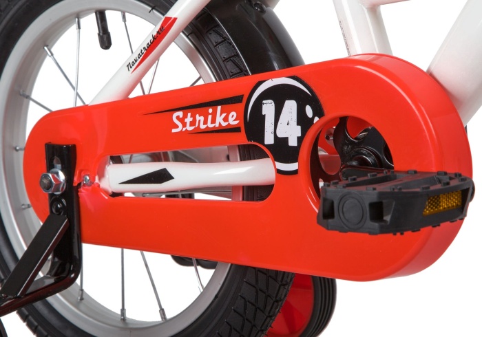 Велосипед NOVATRACK 14" STRIKE белый-красный, тормоз нож, крылья корот, полная защ.цепи