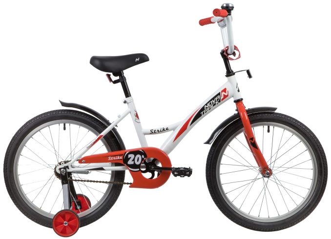 Велосипед NOVATRACK 20" STRIKE белый-красный, тормоз нож, крылья корот, защита А-тип#139704