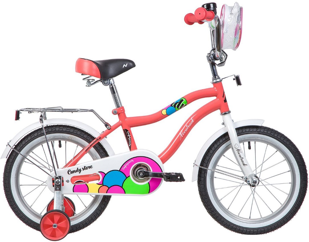 Велосипед NOVATRACK 16" CANDY, коралловый, полная защита цепи, тормоз нож., сумочка на руль, крылья