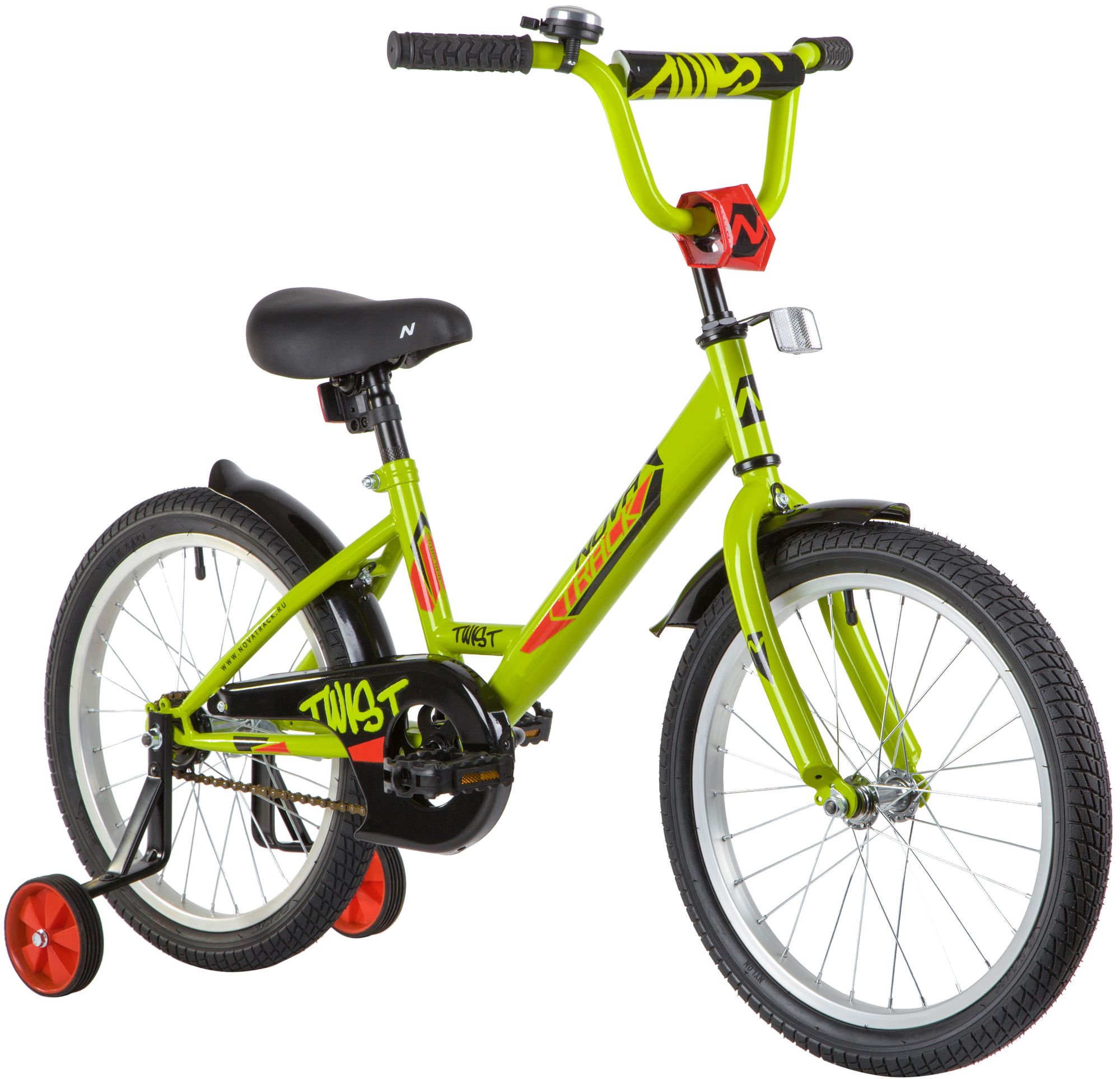 Велосипед NOVATRACK 18" TWIST зелёный, тормоз нож, крылья корот, защита А-тип