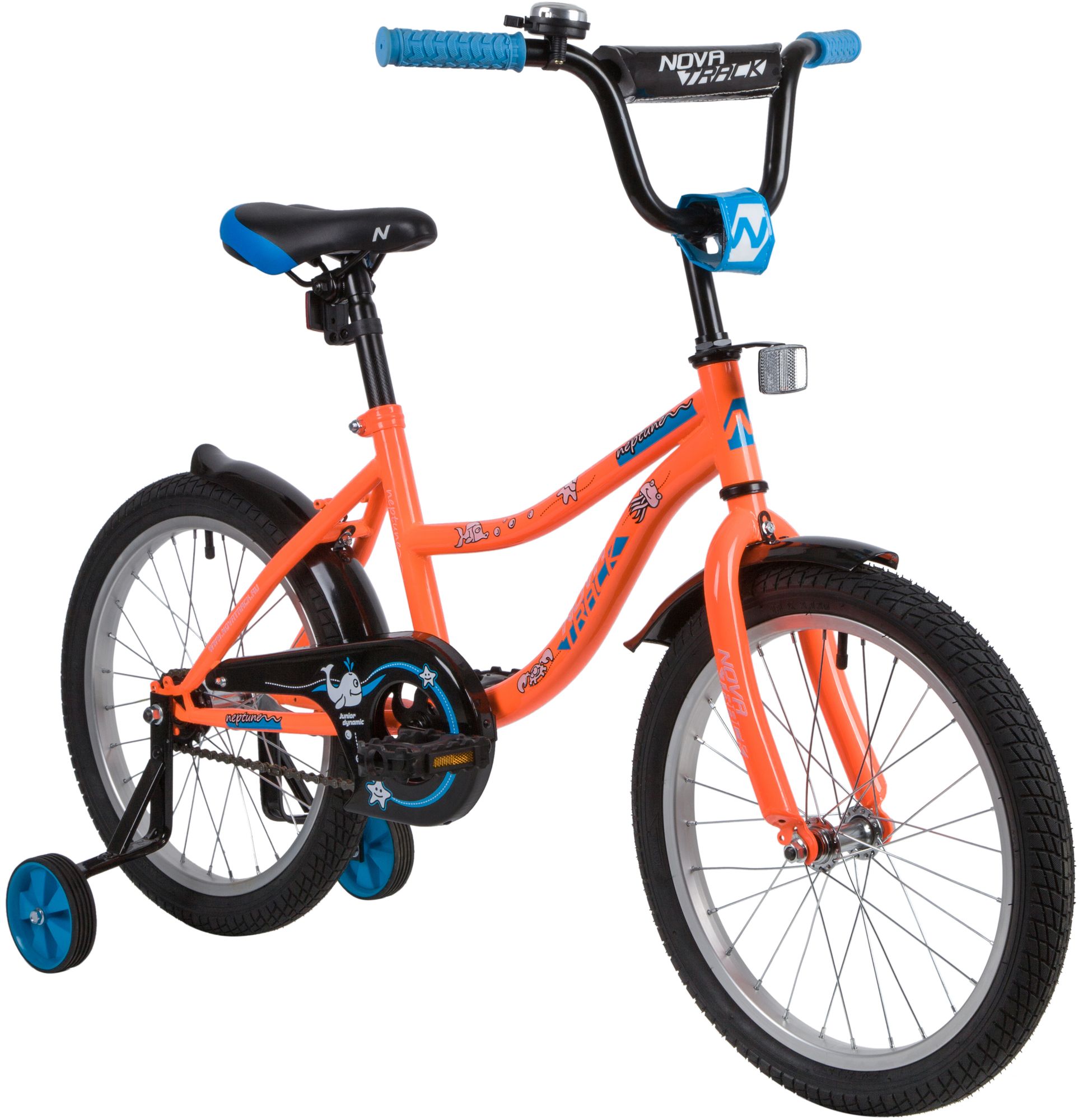 Велосипед NOVATRACK 18" NEPTUNE оранж., тормоз нож, крылья корот, защита А-тип