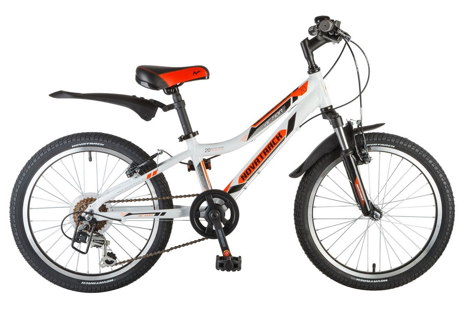 Велосипед NOVATRACK 20" ACTION, белый, алюм, 6-скор, Shimano, V-brake