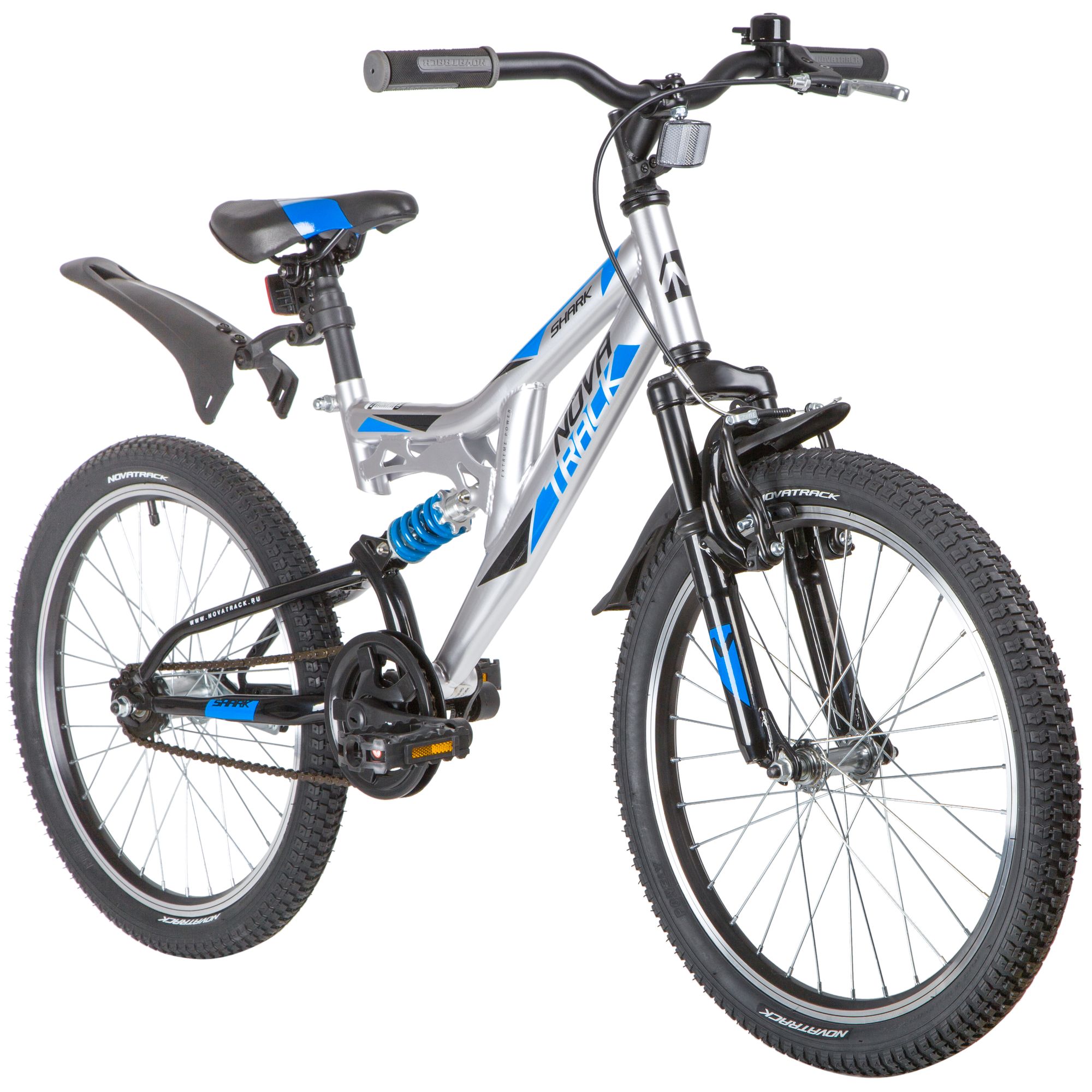 Велосипед NOVATRACK 20" SHARK, серебристый, сталь, 1 скор., V-brake
