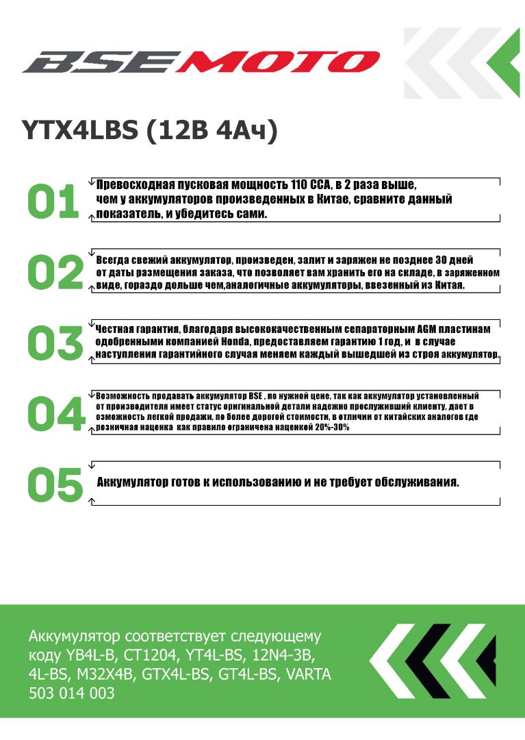 АКБ BSEMOTO 4 а/ч BTX4L-BS BSE KIDS 50 EVO DX EX MX PH 125 PH 150 MXR