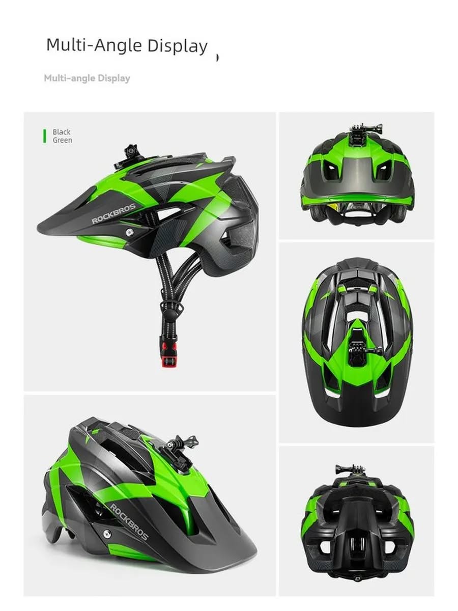 Велошлем ROCKBROS TS-45 MTB с козырьком и креплением камеры/фонаря, 57-62 см; черно-зеленый, один ра