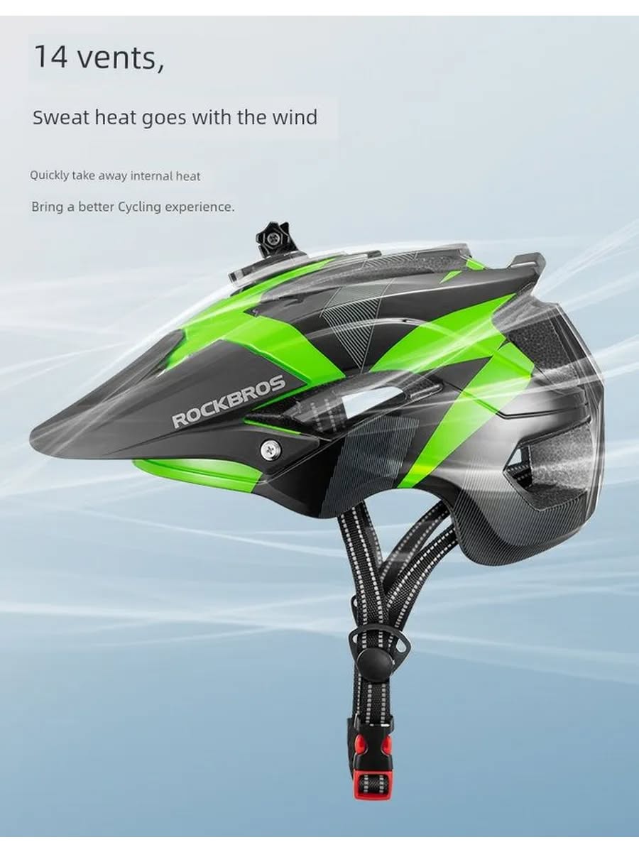 Велошлем ROCKBROS TS-45 MTB с козырьком и креплением камеры/фонаря, 57-62 см; черно-зеленый, один ра