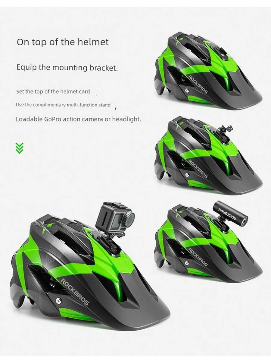 Велошлем ROCKBROS TS-45 MTB с козырьком и креплением камеры/фонаря, 57-62 см; черно-зеленый, один ра