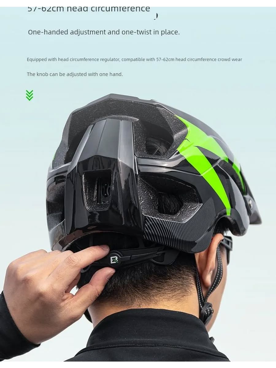 Велошлем ROCKBROS TS-45 MTB с козырьком и креплением камеры/фонаря, 57-62 см; черно-зеленый, один ра