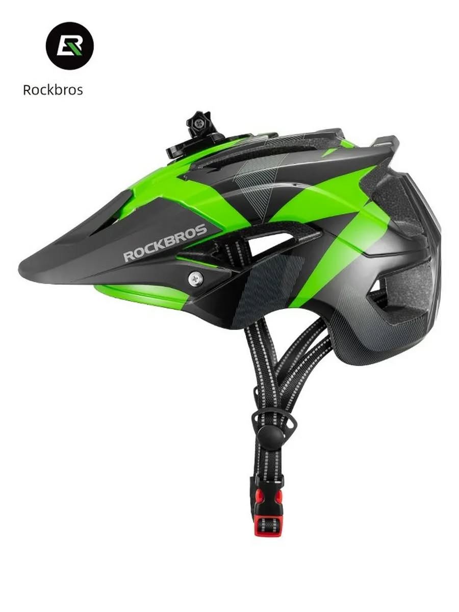 Велошлем ROCKBROS TS-45 MTB с козырьком и креплением камеры/фонаря, 57-62 см; черно-зеленый, один ра