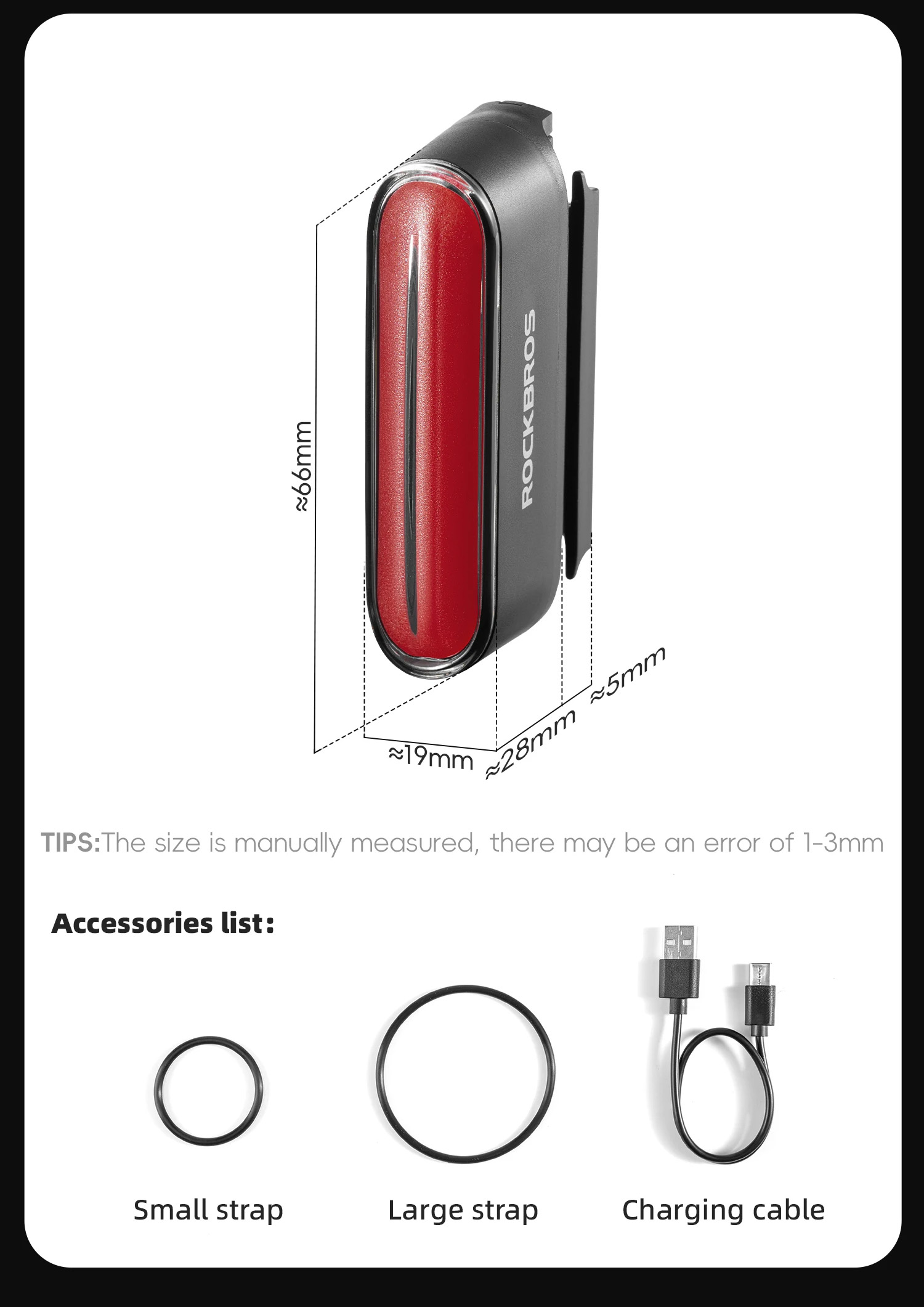 Фонарь задний ROCKBROS магнитный, 7 режимов, с датчиком торможения, IPX6, Type-C; черный
