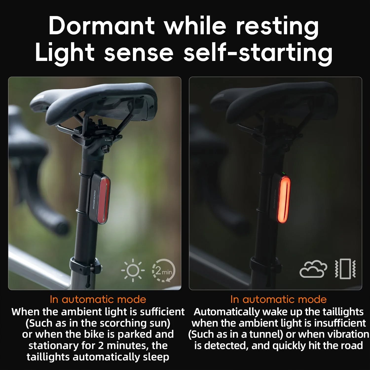 Фонарь задний ROCKBROS магнитный, 7 режимов, с датчиком торможения, IPX6, Type-C; черный