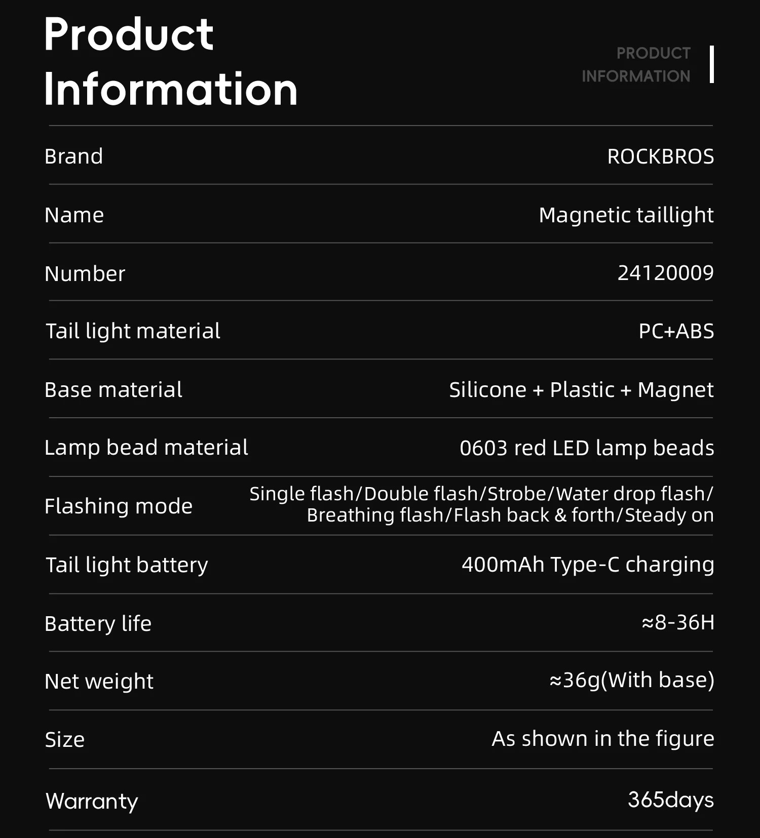 Фонарь задний ROCKBROS магнитный, 7 режимов, с датчиком торможения, IPX6, Type-C; черный