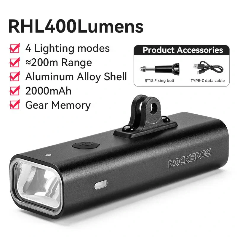 Фонарь передний ROCKBROS RHL400, подвесное крепление, алюминий, 400 люмен, 4 режима, IPX6, Type-C; ч