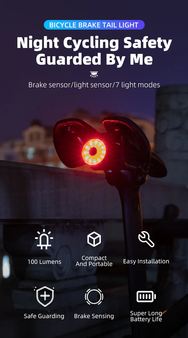 Фонарь задний ROCKBROS WR05, диоды COB, 7 режимов, с датчиком торможения, IPX6, Type-C; черный