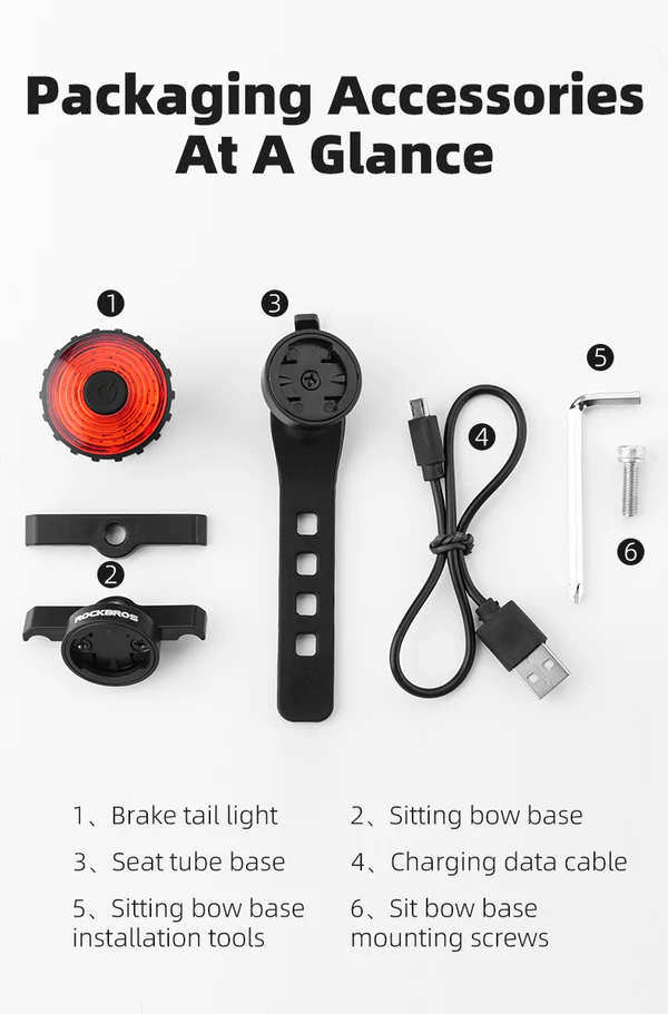 Фонарь задний ROCKBROS WR05, диоды COB, 7 режимов, с датчиком торможения, IPX6, Type-C; черный