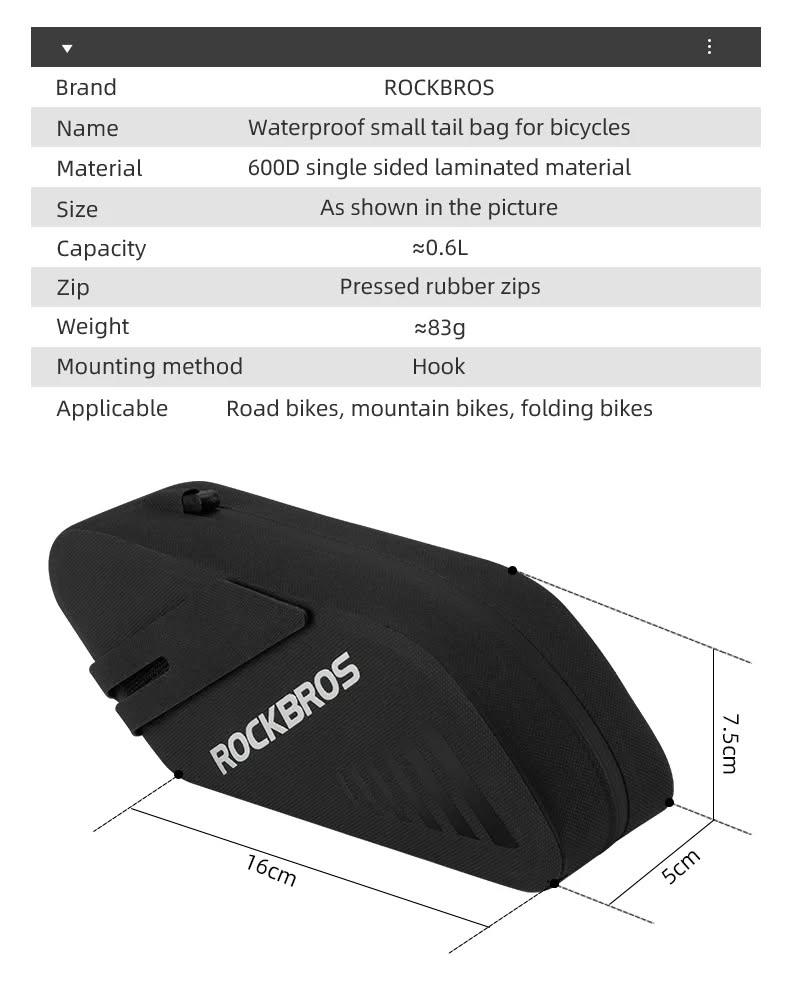 Велосумка ROCKBROS AS-078 на подседельный штырь и седло, объем 0,6 л; черный