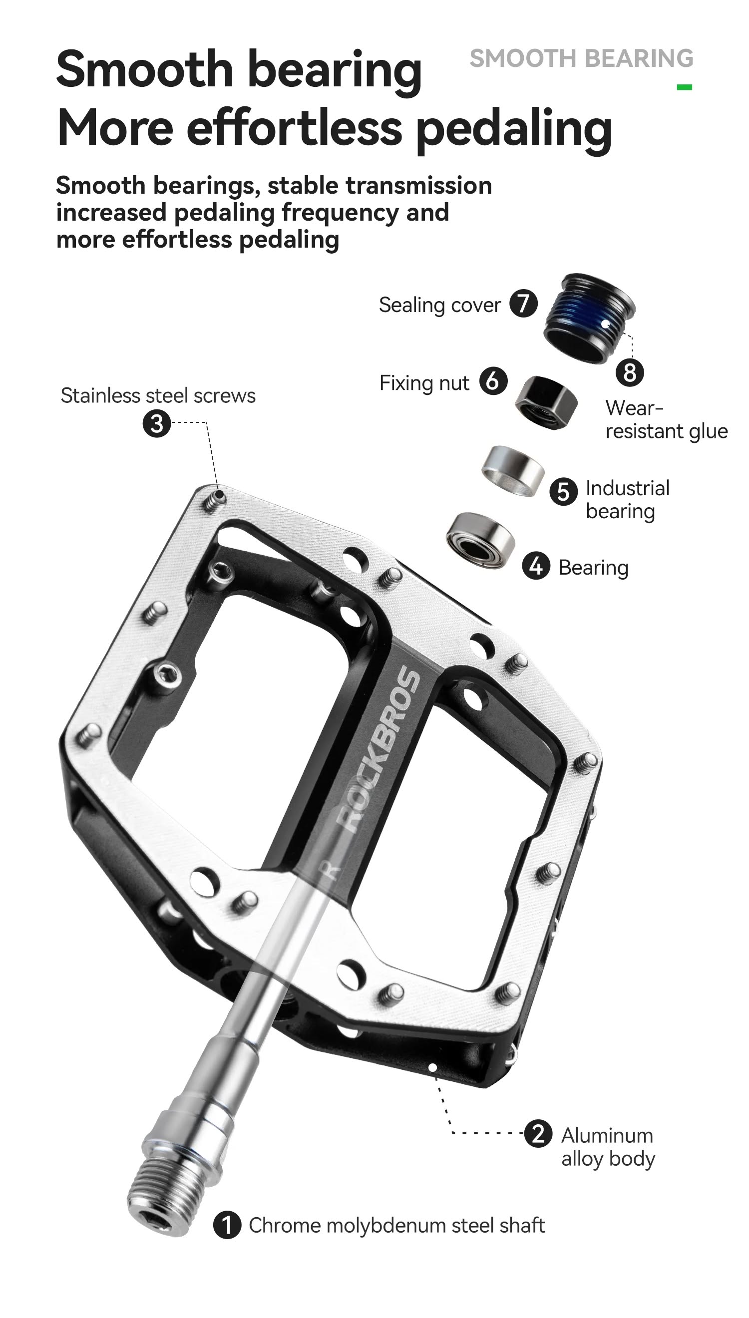 Педали ROCKBROS K-M8 платформы, алюминий, сменные шипы; черный/серебро