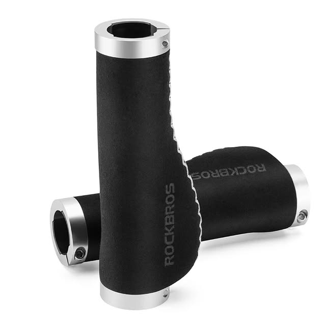 Грипсы ROCKBROS анатомические, кожзам, силиконовая вставка, с замками; черный/серебристое кольцо