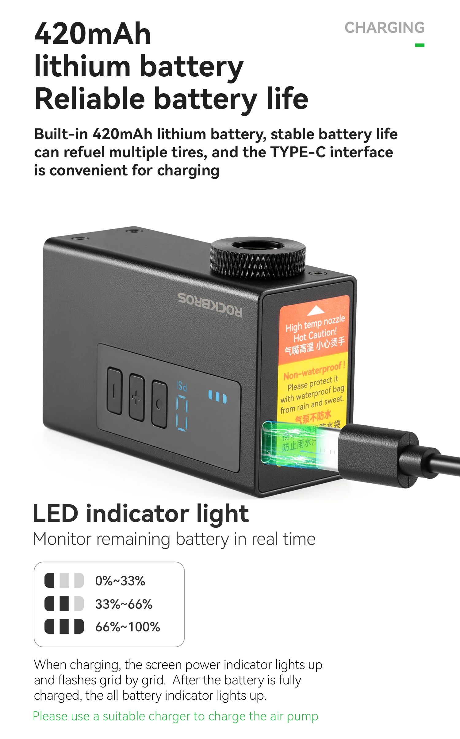 Насос электро ROCKBROS AS240 Pro мини, Type-C, до 120 PSI; черный