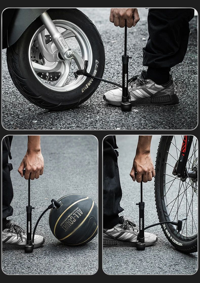 Насос ROCKBROS компактный, алюминий, Т-ручка, со шлангом, с манометром, до 120 PSI; черный