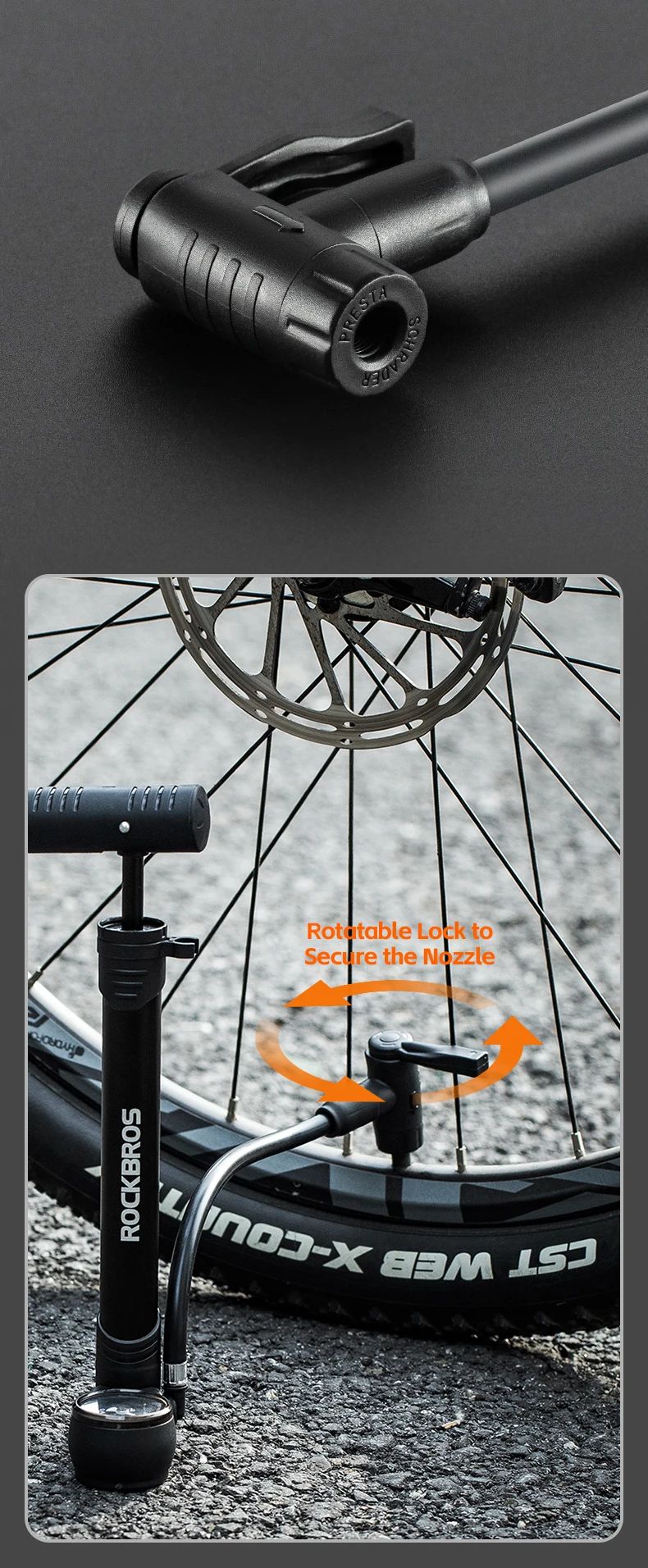 Насос ROCKBROS компактный, алюминий, Т-ручка, со шлангом, с манометром, до 120 PSI; черный