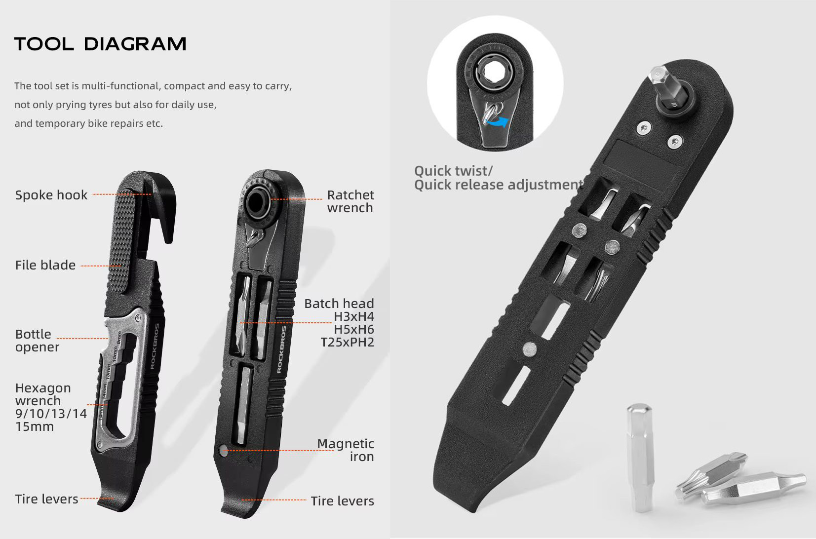 Многофункциональный мультитул-монтажки Rockbros с храповым ключём. Арт. RB_430002001