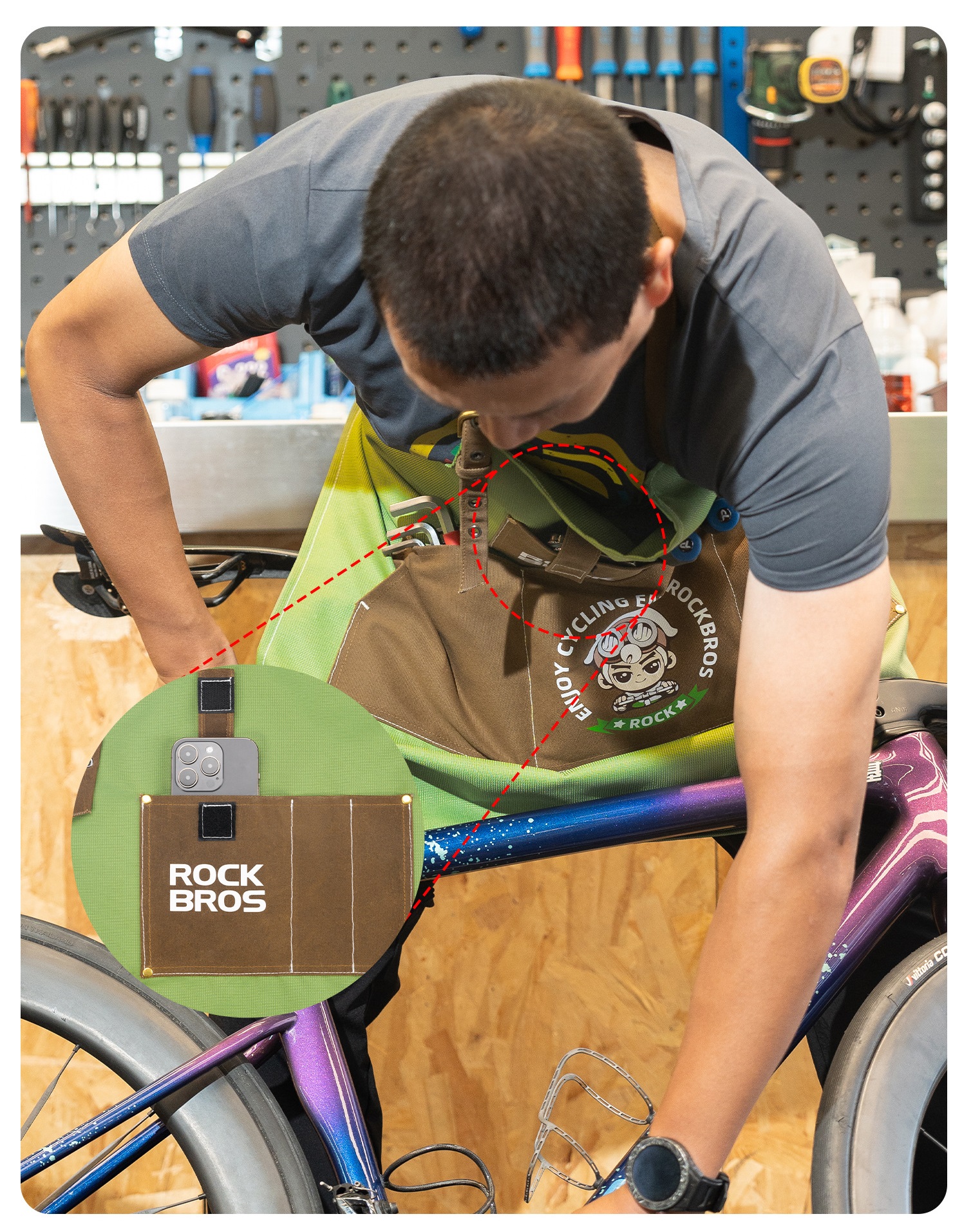 Фартук ROCKBROS D008 для механика; зеленый с коричневым