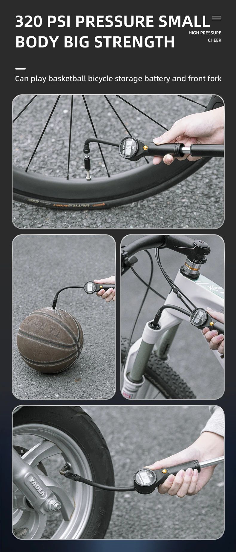 Насос высокого давления ROCKBROS PB023AB со шлангом, цифровой манометр, двойной ход, до 320 PSI; чер