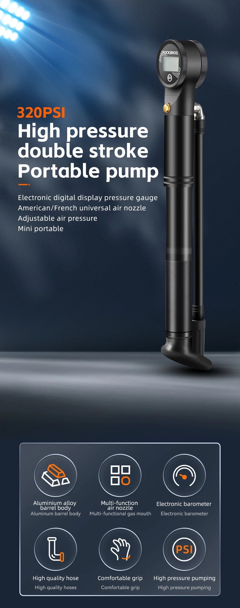 Насос высокого давления ROCKBROS PB023AB со шлангом, цифровой манометр, двойной ход, до 320 PSI; чер