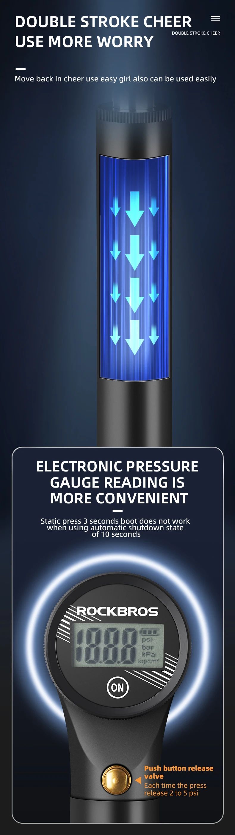 Насос высокого давления ROCKBROS PB023AB со шлангом, цифровой манометр, двойной ход, до 320 PSI; чер