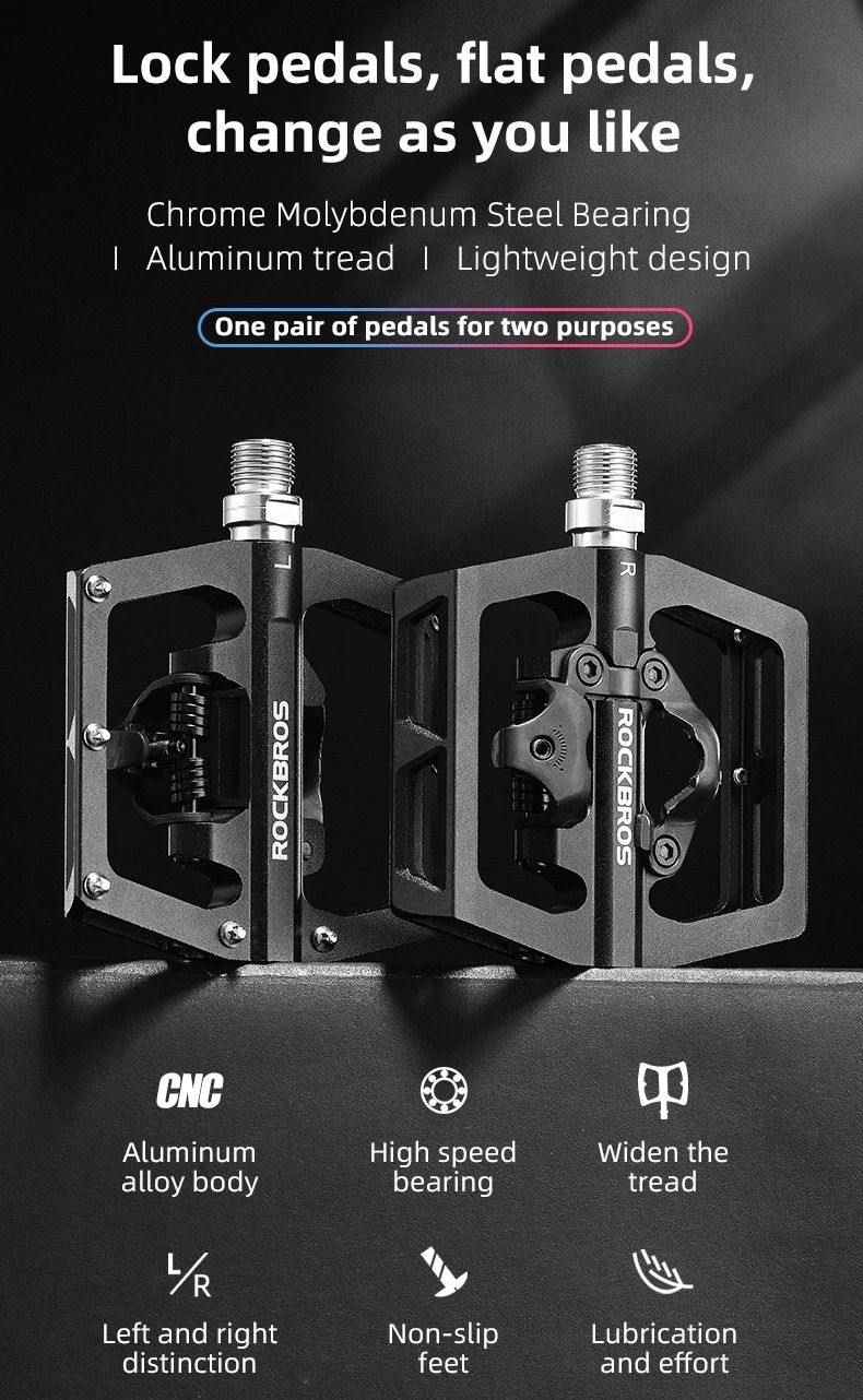Педали ROCKBROS алюминиевые, черные, контактные с платформой