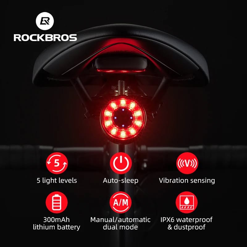 Фонарь задний ROCKBROS Q1MAX RGB LED, с датчиком освещения и торможения, Type-C; черный