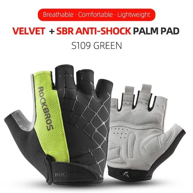 Велоперчатки ROCKBROS S109 короткие пальцы, рисунок "паутина", с липучкой; зеленый