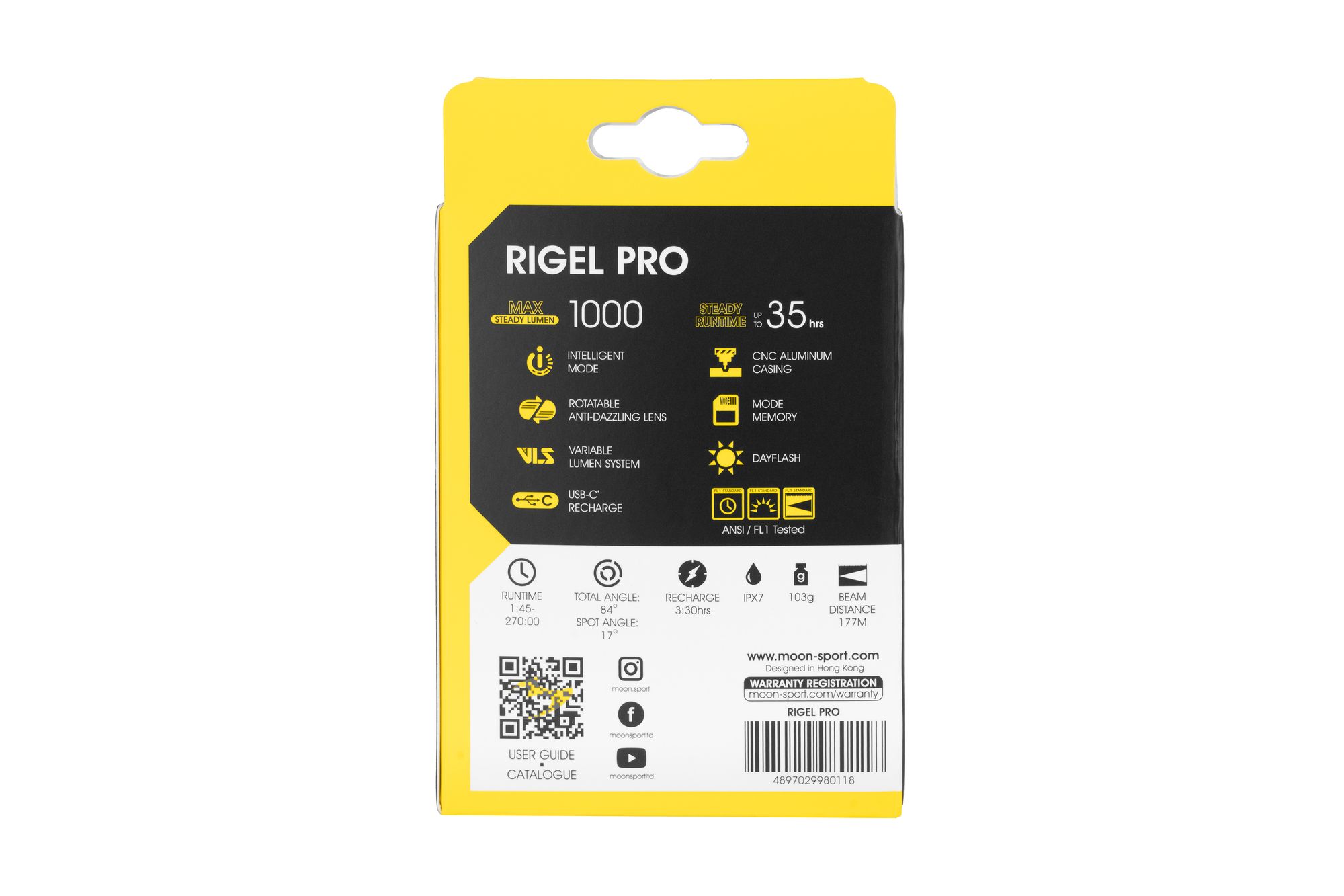 Фонарь передний Moon RIGEL PRO (C1-Black), 1000 Лм, 6 режимов, USB‑C (версия 2025)