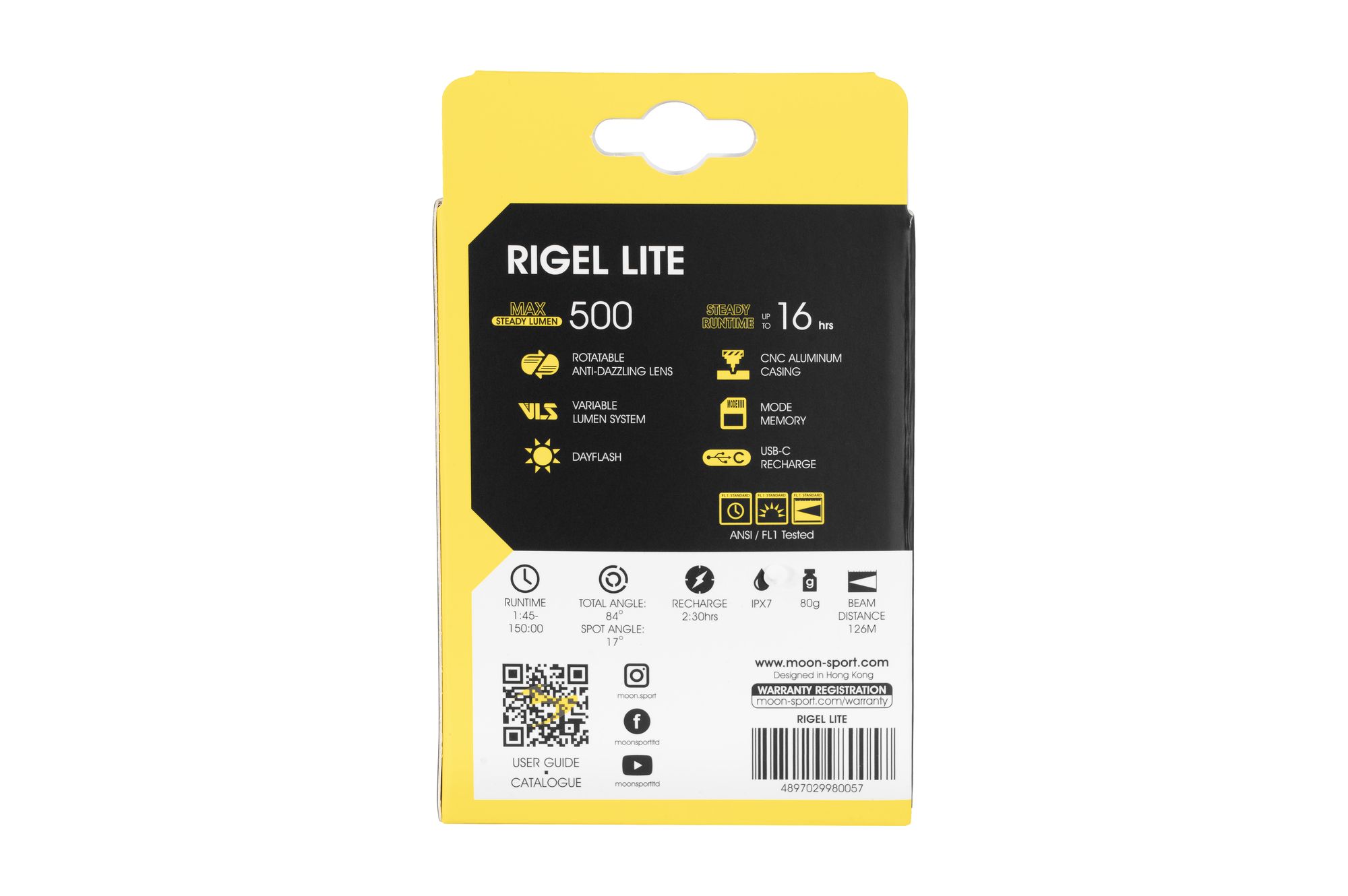 Фонарь передний Moon RIGEL LITE (C1-Black), 500 Лм, 6 режимов, USB‑C (версия 2025)