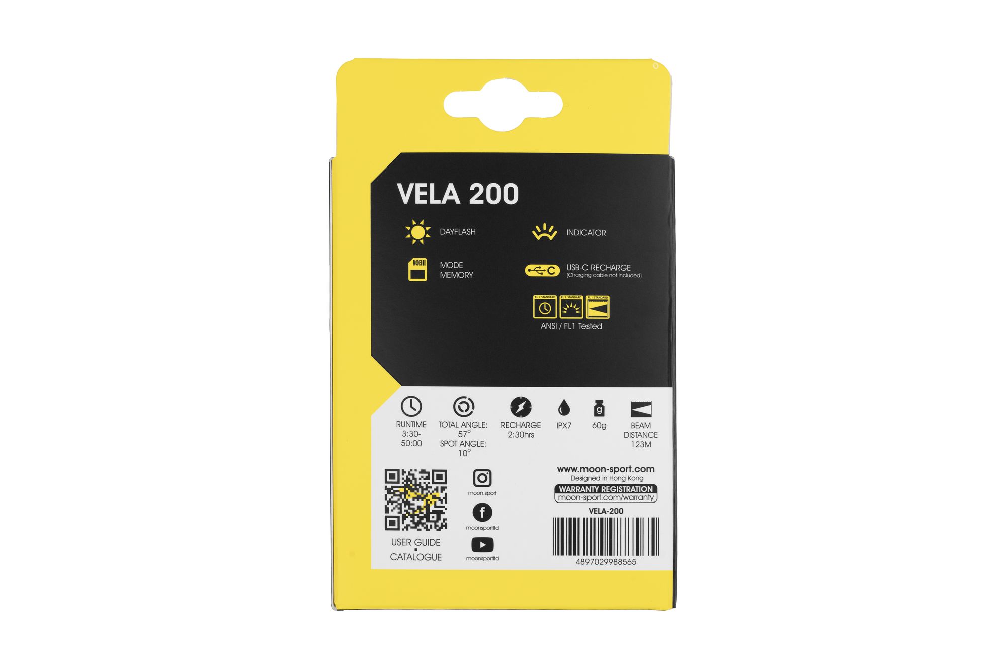 Фонарь передний Moon VELA 200 (C1-Black), 200 Лм, 4 режимов, USB‑C