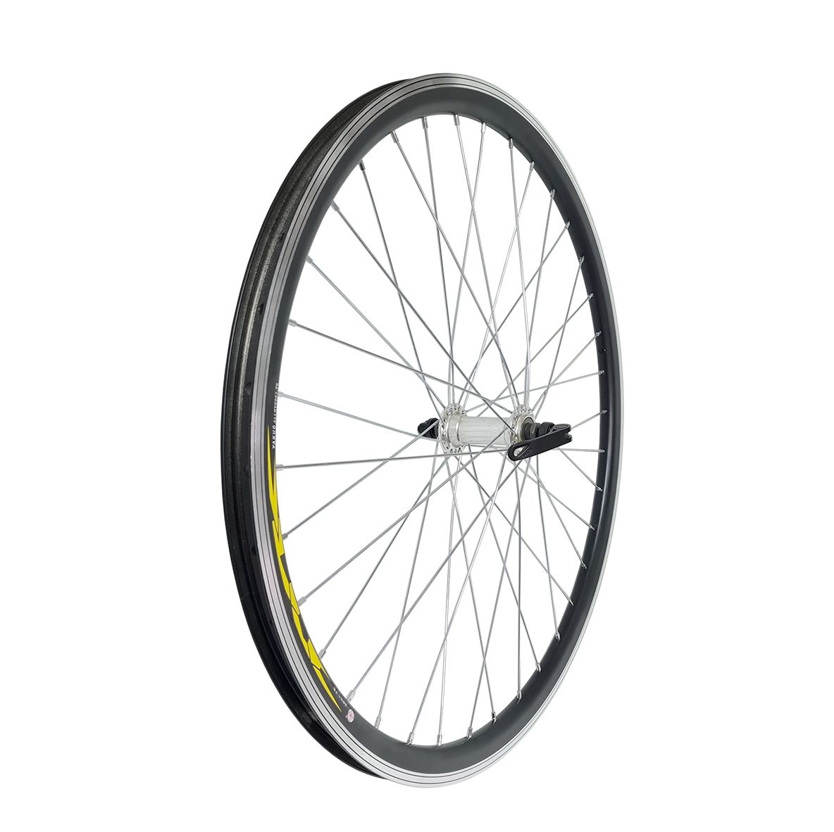 Колесо 24" пер., обод дв. ал. б/пист. чёр., ал. втулка,с эксц., серебр.