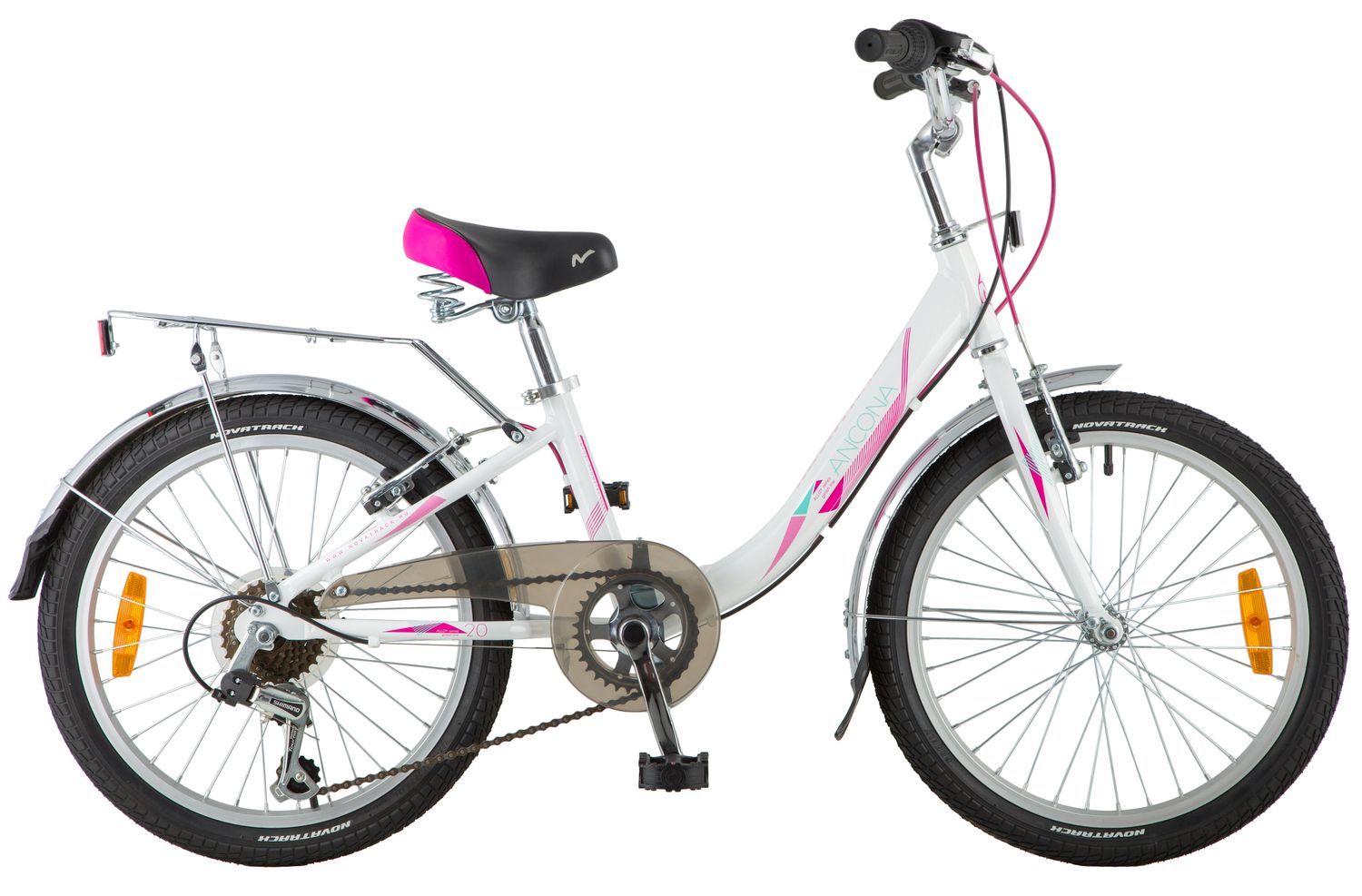 Велосипед NOVATRACK 20" ANCONA, белый, алюм., 6-скор, TY21/RS35/SG-6SI, V-brake