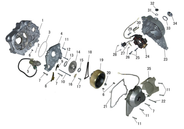 Магнето, двигатель стартера, левая крышка картера