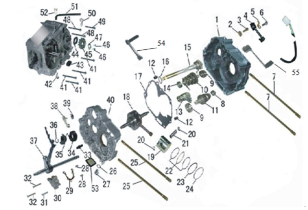 Левый и правый картер, трансмиссия, коленчатый вал, поршень
