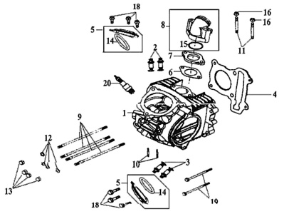 Подбор запчастей Головка цилиндра Двигатель RS 125 (HS12W2-6) RS 125 SYM